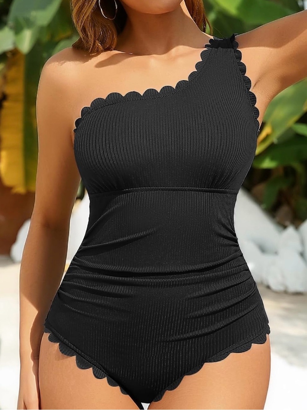 One-Shoulder Black Scallop-Trim Swimsuit
